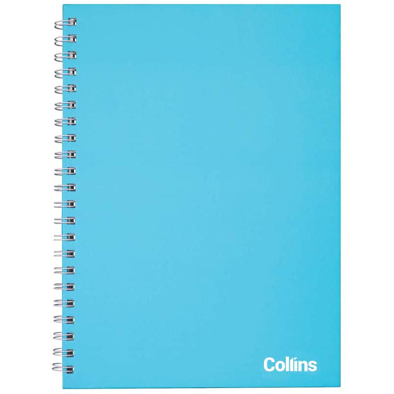 Ice Blue A4 Collins notebook with wiro binding, 100 leaves, 7mm ruled, ideal for notes and sketches, side opening design.