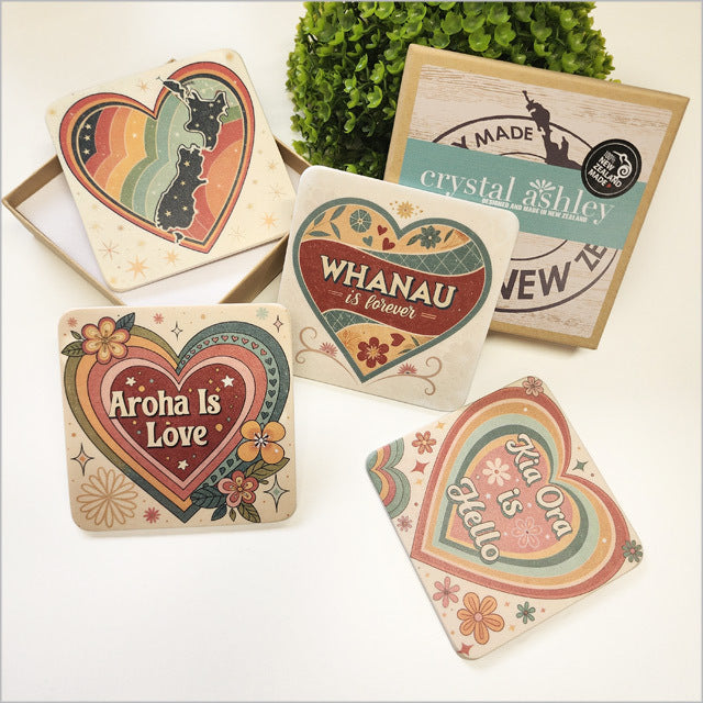 Coasters Set - Printed Retro Kiwiana Hearts (9.5 x 9.5cm)