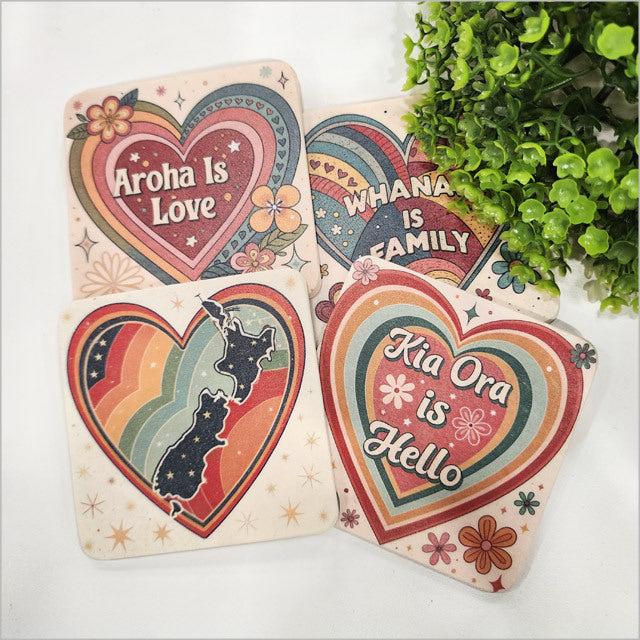 Coasters Set - Printed Retro Kiwiana Hearts (9.5 x 9.5cm)