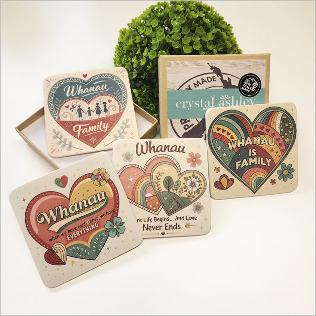 Coasters Set - Printed Retro Whanau Hearts (9.5 x 9.5cm)