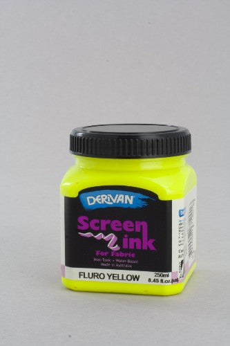 Derivan 250ml Fluorescent Yellow screen ink, non-toxic and water-based, perfect for fabric printing and Tie Dyeing projects.