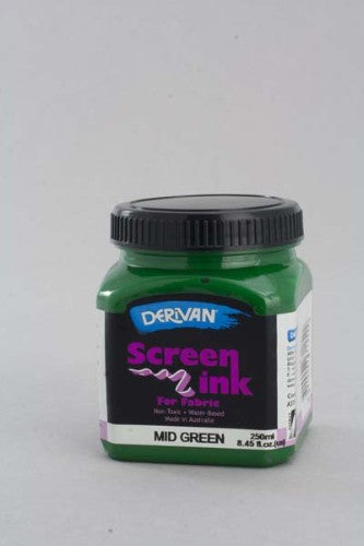 Mid Green Derivan Screen Ink in a 250ml bottle, perfect for safe, vibrant silk screening on fabric and tie dyeing projects.