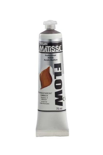 Acrylic paint tube featuring Matisse Flow in Trans Umber, ideal for smooth brushwork and versatile artistic techniques.