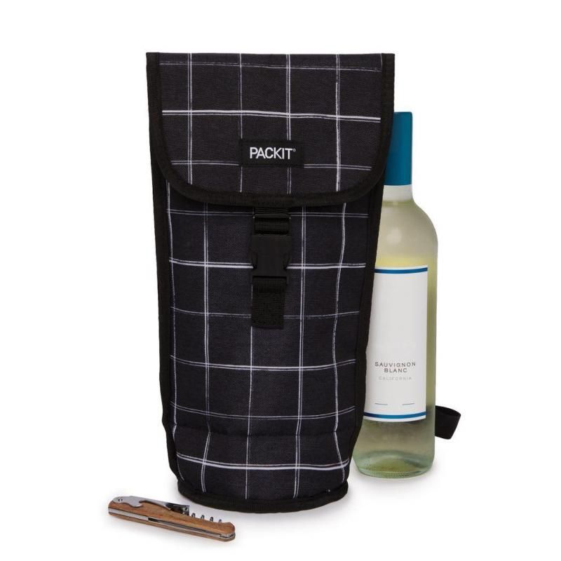 Black Grid PackIt Freezable Napa Wine Bag with gel-lined walls, perfect for keeping wine chilled on outdoor outings.