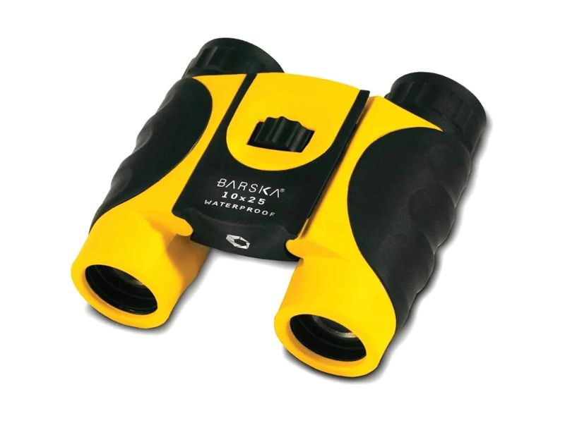 Yellow waterproof binoculars with 10x magnification, ideal for bird watching and hiking, featuring durable rubber armor.