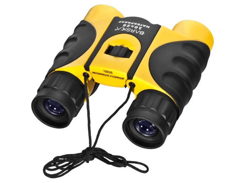 Yellow waterproof 10x25 binoculars with fully coated optics, perfect for bird watching and hiking.