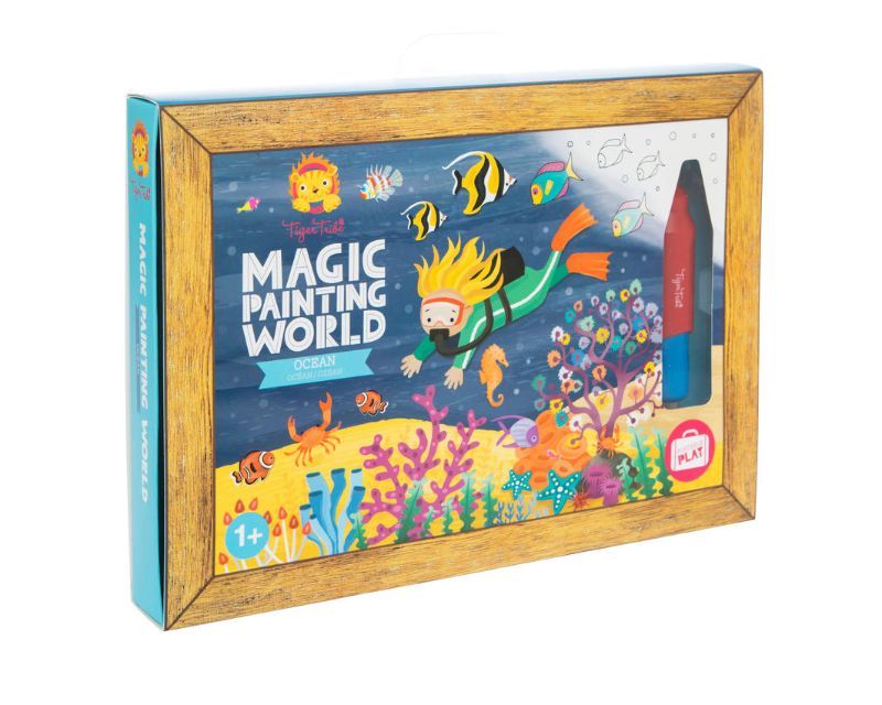 Magic Painting set featuring ocean-themed illustrations that reveal vibrant scenes with water brush, perfect for kids' creative fun.