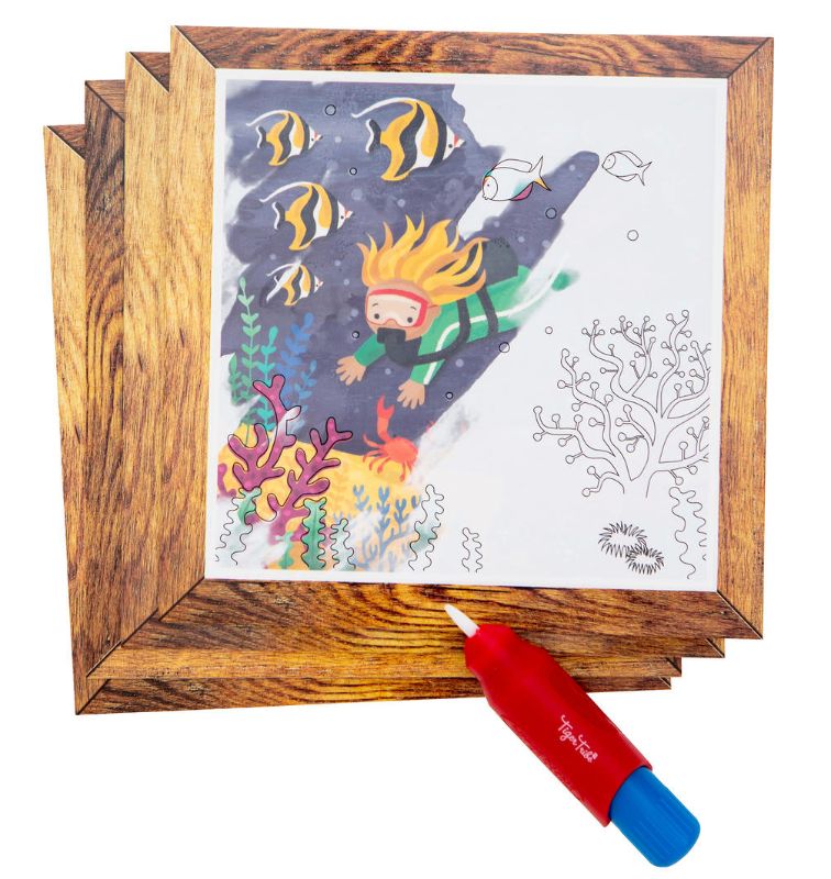 Children's art set featuring ocean-themed illustrations that reveal vibrant colors with a water brush; mess-free creativity.