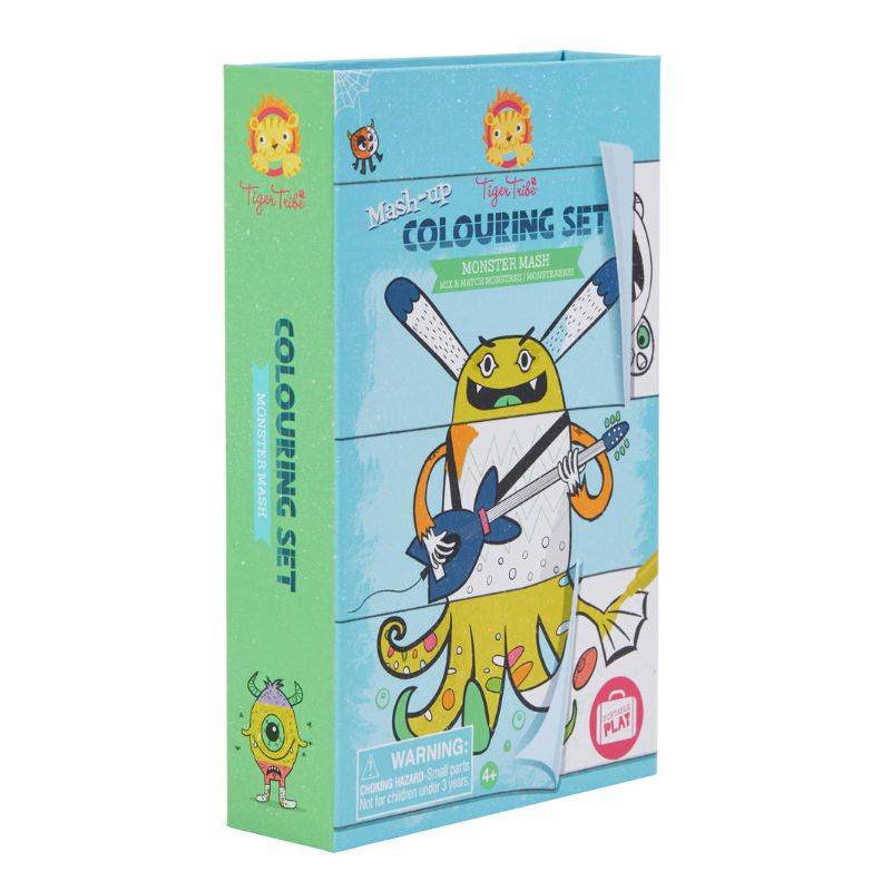 Colouring set featuring 32 illustrated monster templates, 10 markers, and 4 blank pages for creative mash-ups.