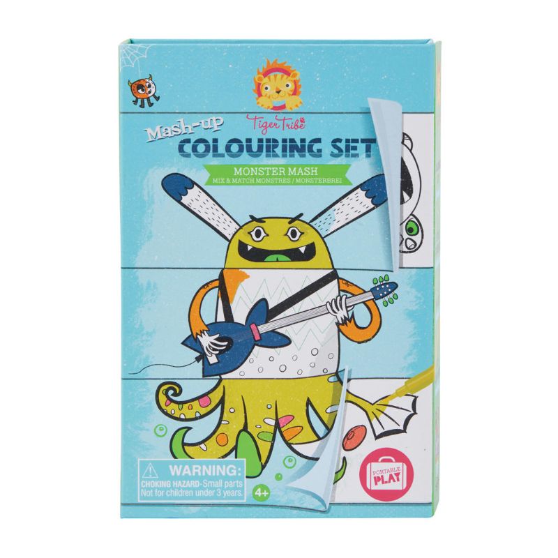 Colouring set featuring 32 monster templates, markers, and blank pages for creative mash-ups in a portable storage box.