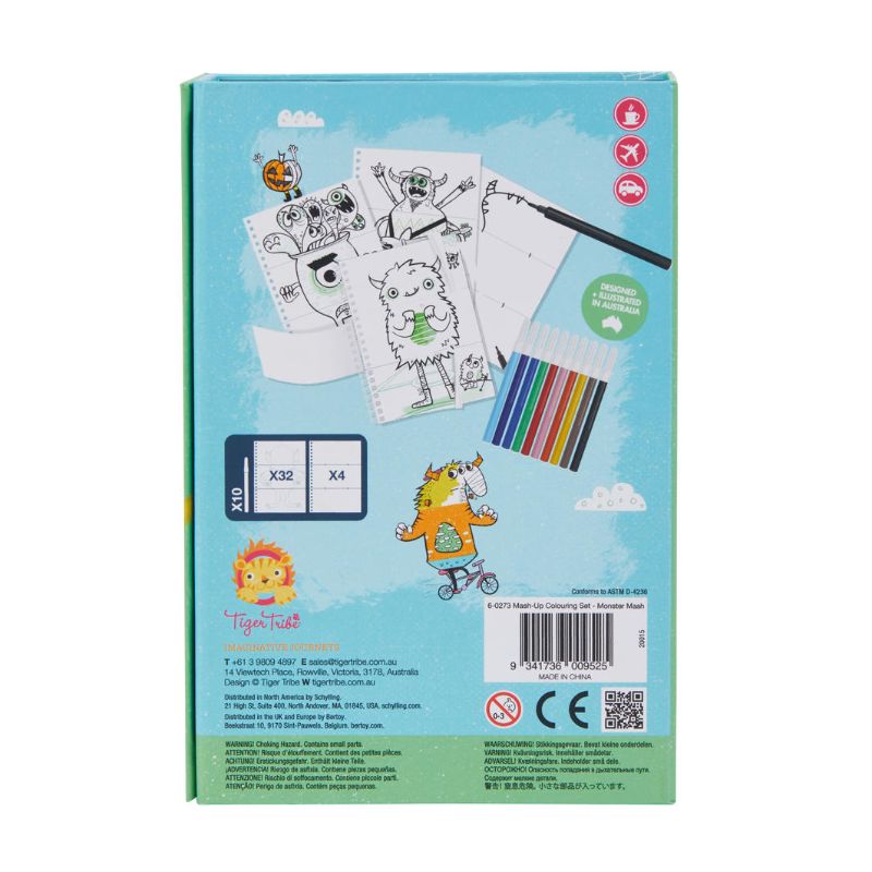 Coloring set featuring 32 monster templates, 4 blank pages, and 10 markers for creative mash-up fun in a portable box.