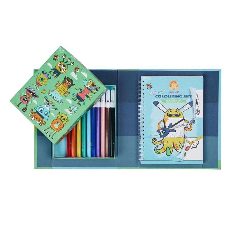 Colouring set for kids featuring 32 monster templates, 4 blank pages, and 10 markers in a portable storage box.