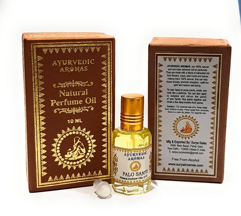 Ayurvedic perfume oil in 10ml bottle, featuring soothing Palo Santo scent for relaxation and spiritual grounding.
