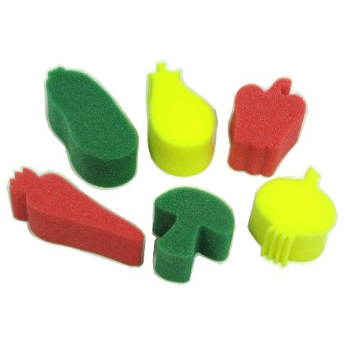 Vibrant vegetable-shaped sponge painting set for kids, featuring six washable stamps for creative, mess-free art.