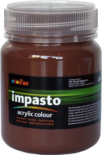 Professional-grade Fas Impasto Acrylic paint in Burnt Sienna, 250ml, ideal for textured artwork with rich, lightfast pigments.