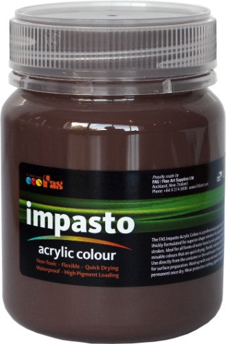 Fas Impasto Acrylic Paint 250ml in Burnt Umber, rich color, high quality, holds brush strokes and knife marks for textured art.