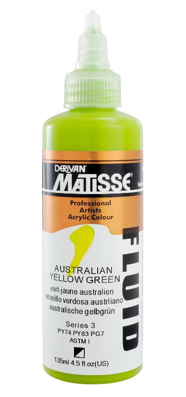 Matisse Fluid Acrylic Paint in Australian Yellow Green, 135ml, featuring vibrant color, smooth texture, and high lightfastness.
