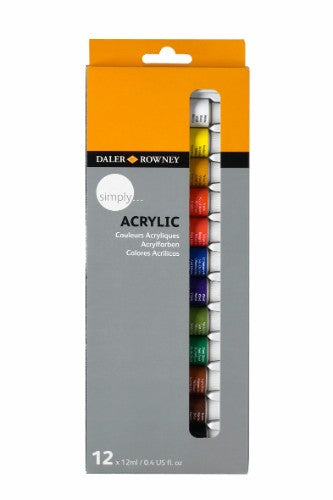 Vibrant Dr Simply Acrylic 12x12ml set includes 12 richly pigmented colors, perfect for various art projects.