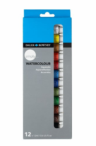 Dr Simply Watercolour 12x12ml Set featuring 12 vibrant, easy-to-blend paint tubes for creative artistry on various surfaces.