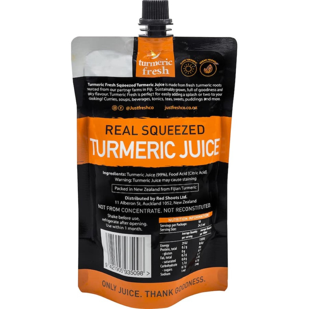 Just Fresh Co Squeezed Fruit Juice Turmeric in a resealable pouch, made from 20 real turmeric roots, gluten-free and vegan-friendly.
