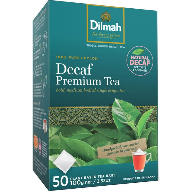 Dilmah Decaf Premium Ceylon tea bags in an airtight pouch, offering rich flavor without caffeine for any time of day.