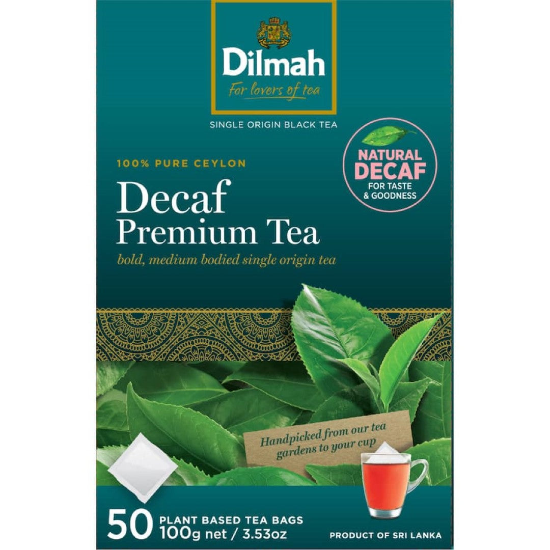 Dilmah Tea Decaf Premium Ceylon, 50 tagless bags for a caffeine-free flavorful tea experience, packed in an airtight pouch.