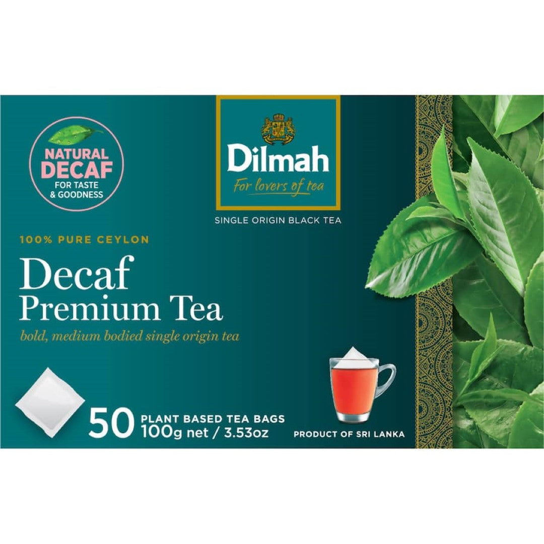 A pack of 50 Dilmah Decaf Premium Ceylon tea bags, offering caffeine-free, flavorful tea made through eco-friendly CO2 decaffeination.