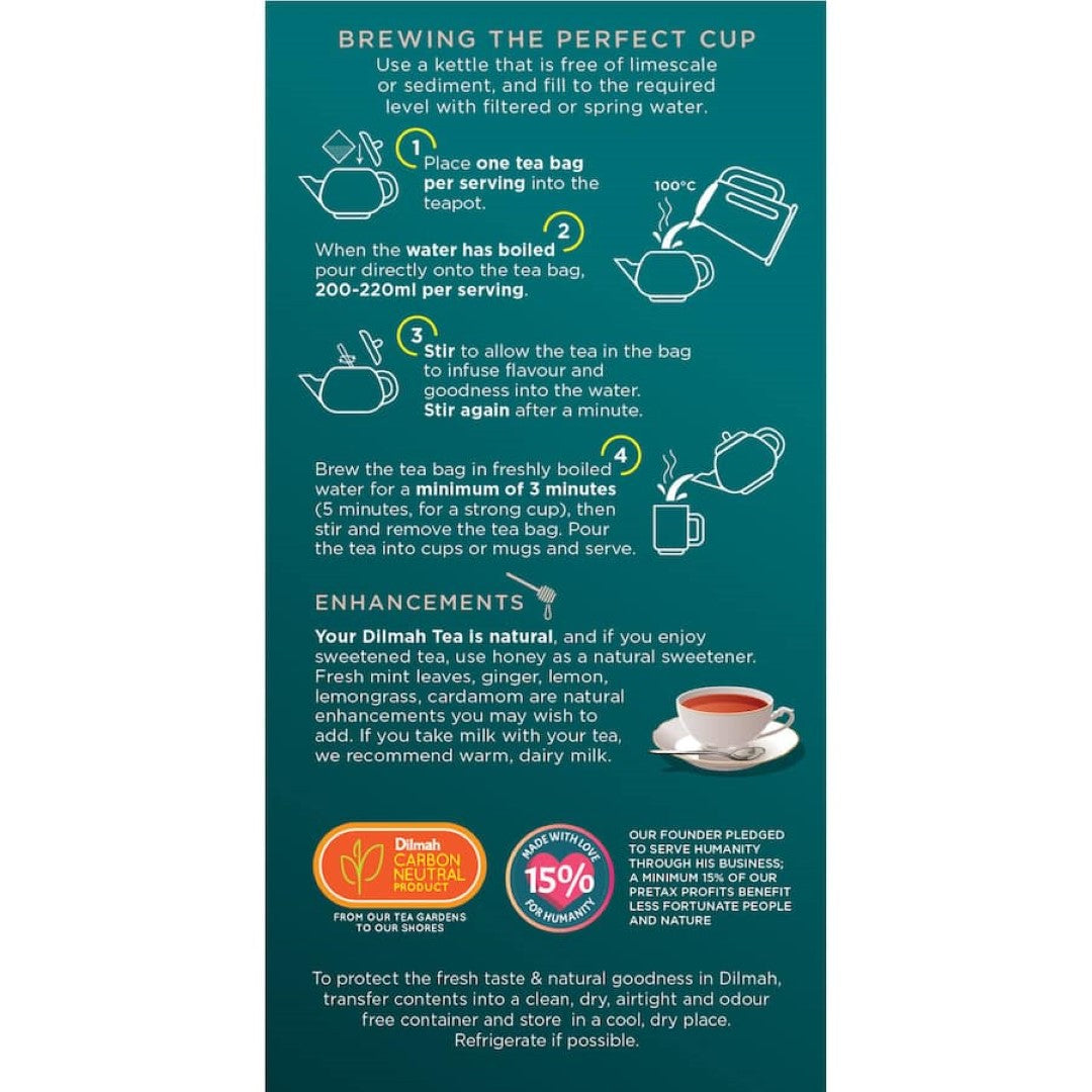 Dilmah Tea Decaf Premium Ceylon: 50 tagless bags of rich, caffeine-free Ceylon tea, crafted using eco-friendly CO2 process.