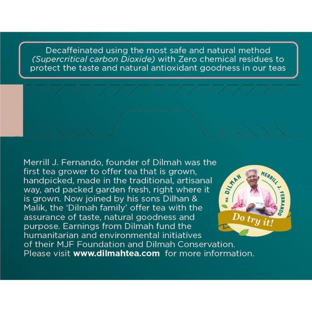 Dilmah Tea Decaf Premium Ceylon: 50 tagless tea bags of caffeine-free, rich flavored Ceylon tea, ideal for relaxation and wellness.