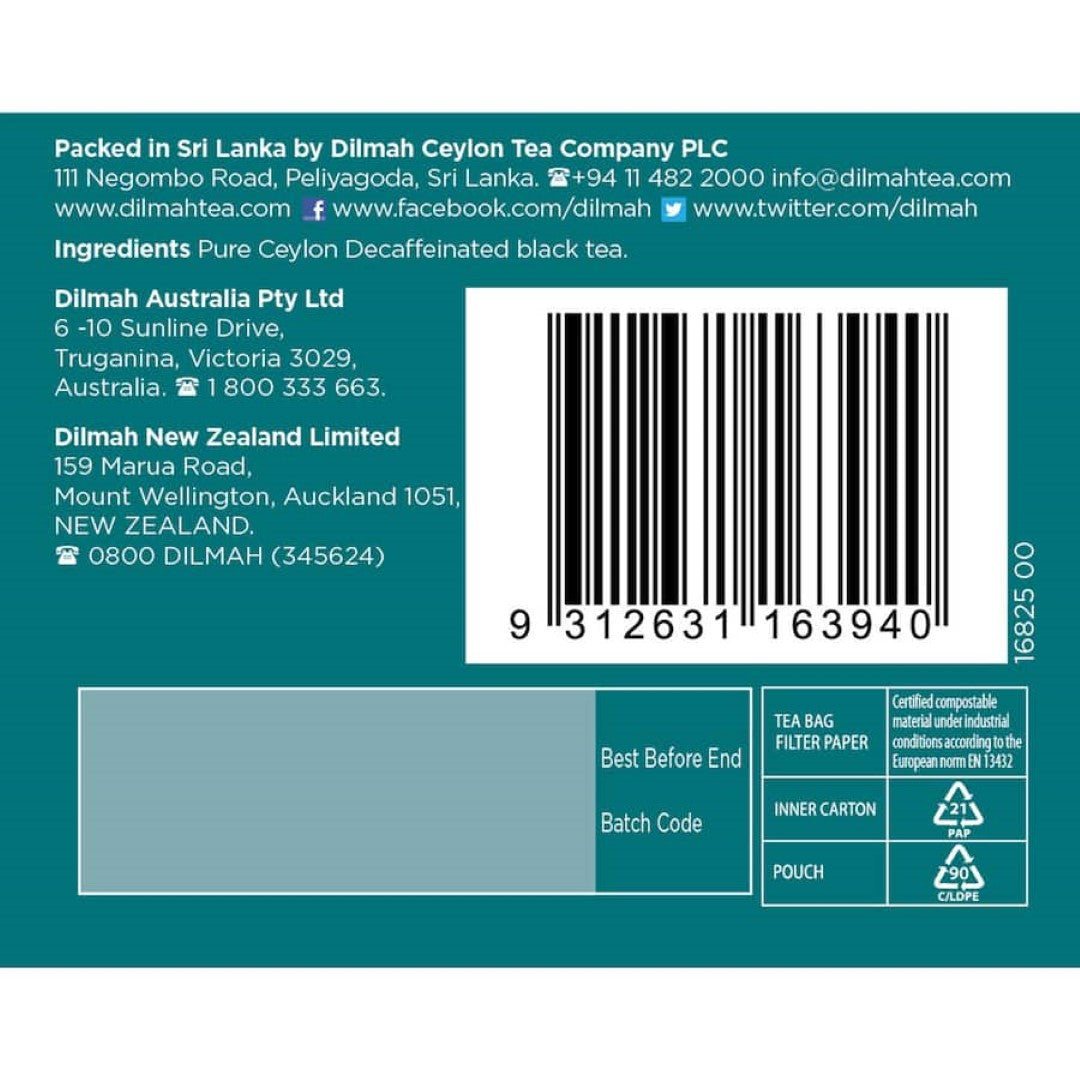 Dilmah Tea Decaf Premium Ceylon - 50 tagless tea bags, caffeine-free, rich flavor with quality Ceylon tea, eco-friendly decaffeination.