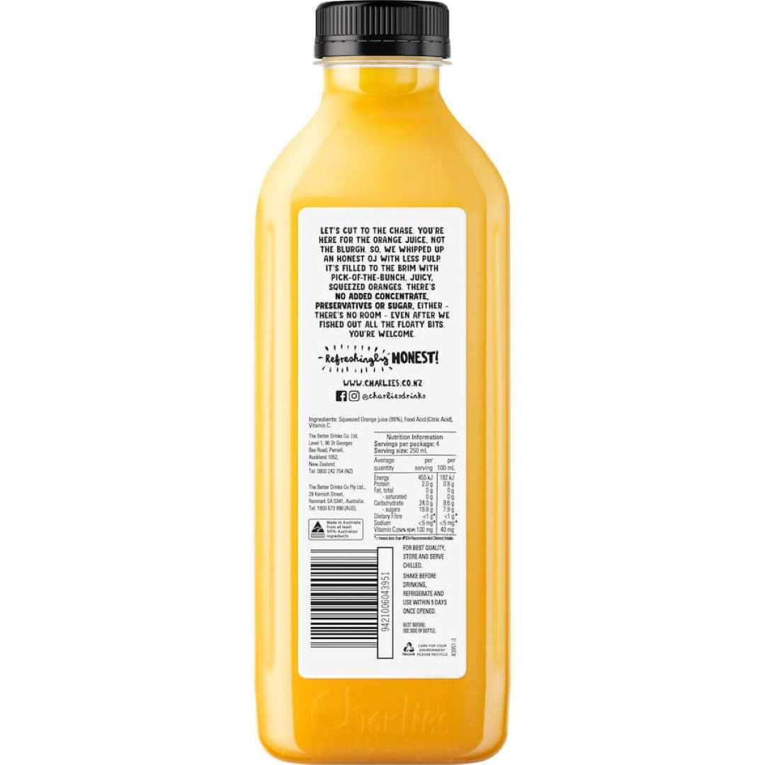 Charlie's Fruit Juice Orange Low Pulp Bottle 1L