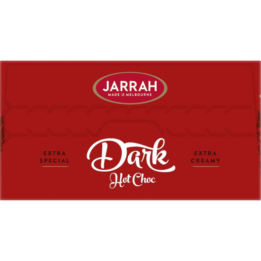 Rich and velvety Jarrah Hot Chocolate Dark with 42% cocoa, 98% sugar-free, and extra creamy texture, perfect for indulgence.
