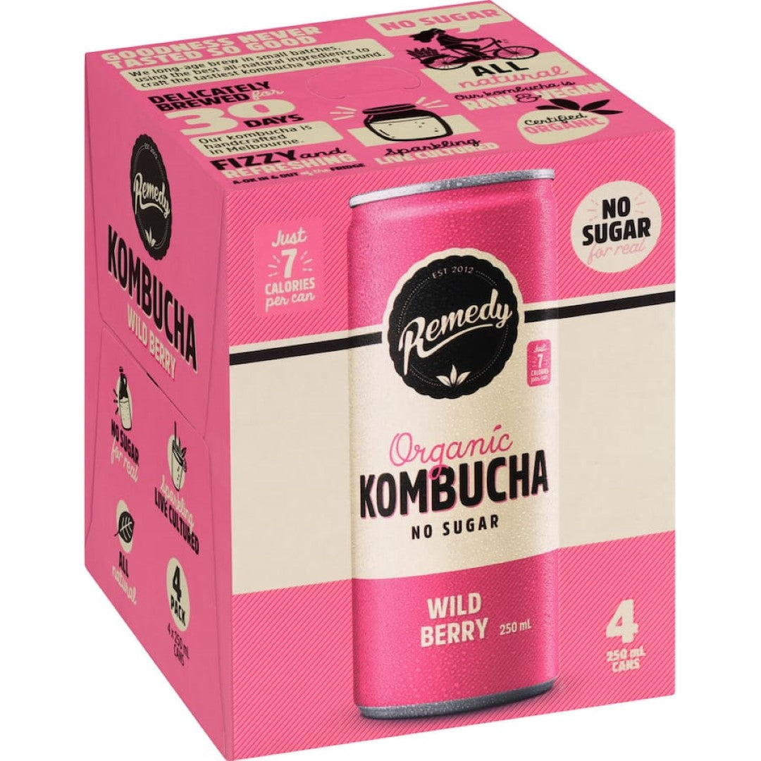 Remedy Organic Kombucha Wild Berry 250ml cans 4pack
