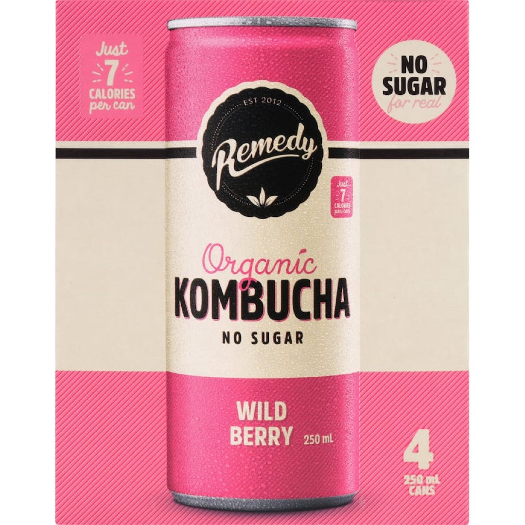 Remedy Organic Kombucha Wild Berry 250ml cans 4pack