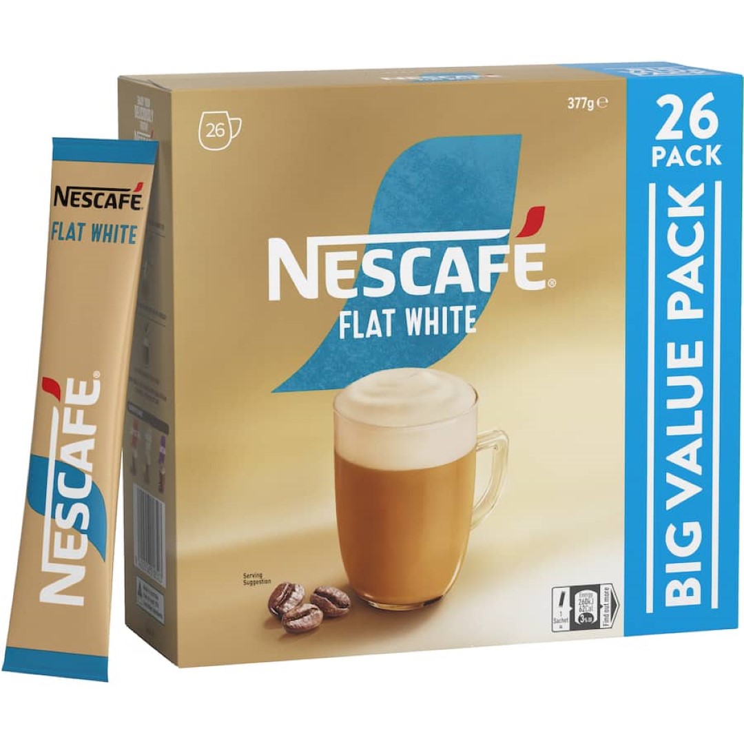 Nescafe Cafe Menu Flat White coffee sachets pack featuring 26 easy-to-prepare, creamy coffee blends with a chocolate shaker.