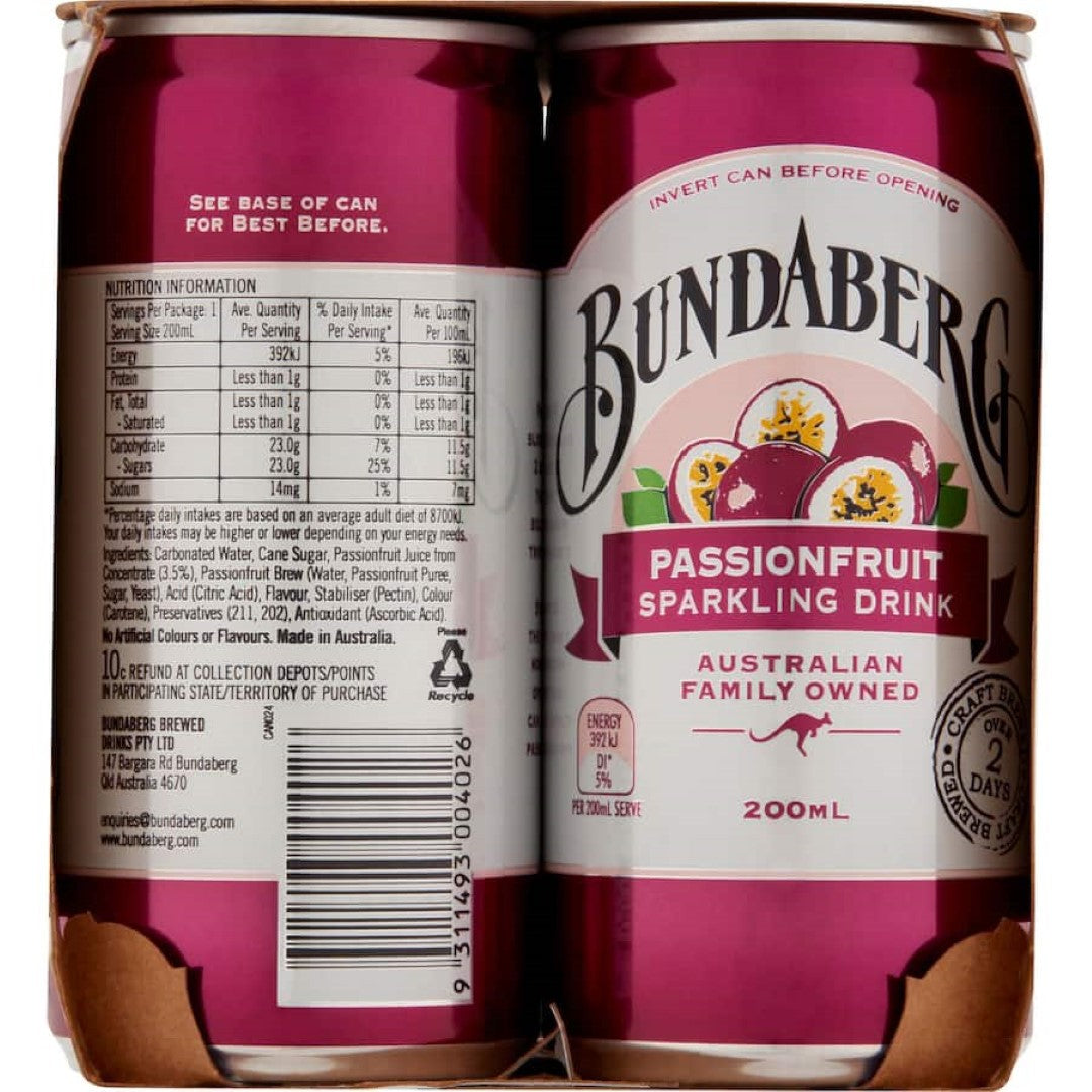 Bundaberg Passionfruit Soft Drink 200ml cans 6pack