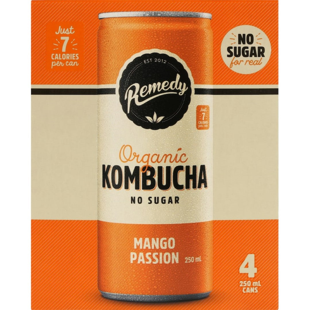 Remedy Organic Kombucha Mango Passionfruit 250ml cans 4pack