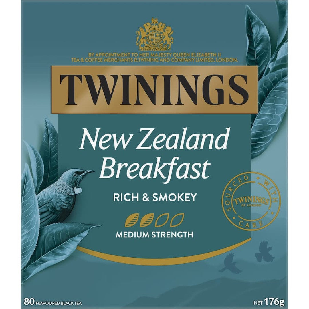 Twinings Tea New Zealand Breakfast blend in compostable bag, featuring rich, smoky flavors with Assam, African, and Keemun teas.