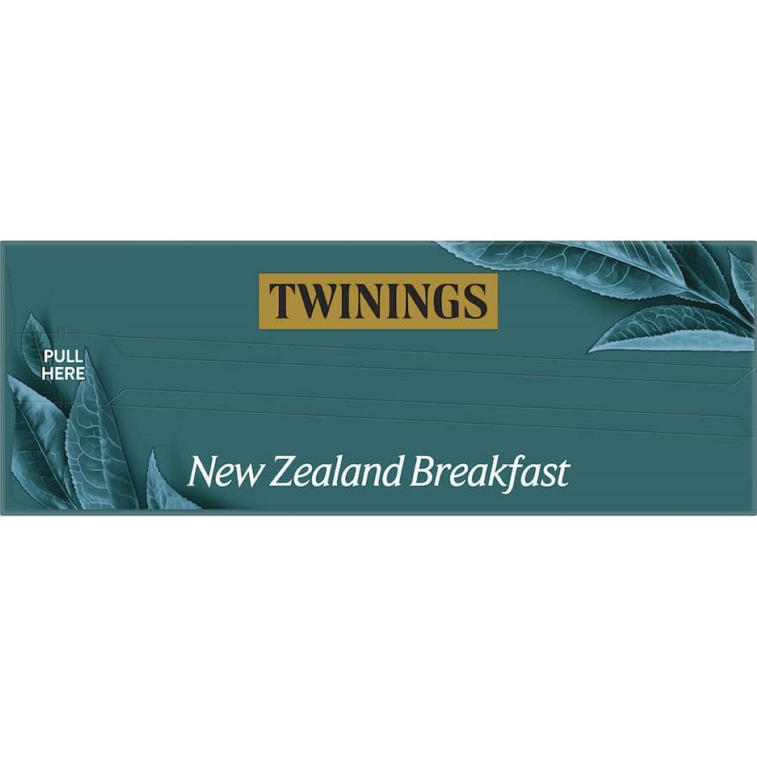 Twinings Tea New Zealand Breakfast features a rich, smoky blend of Assam, African, and Chinese teas in compostable bags.