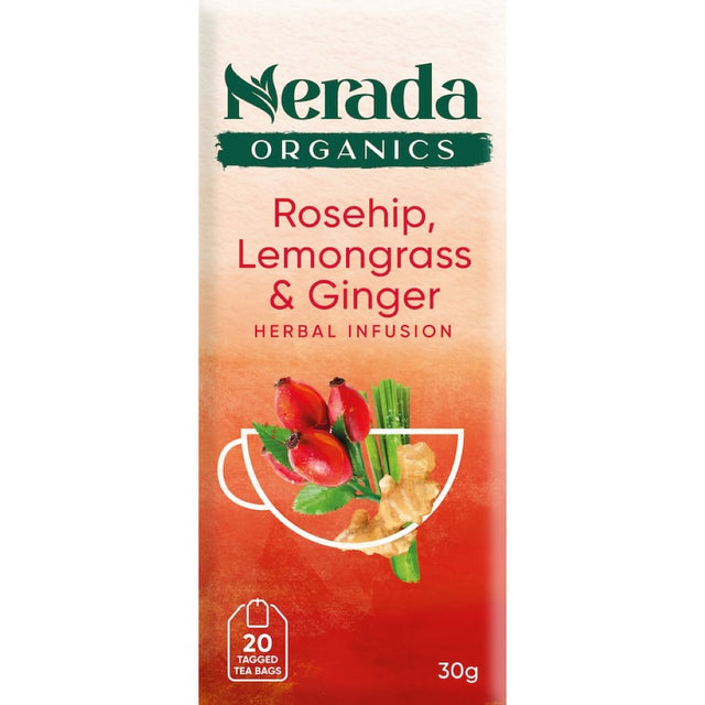 Aromatic Nerada Organic Fruit Tea with rosehip, lemongrass, and ginger, perfect for an invigorating herbal infusion.