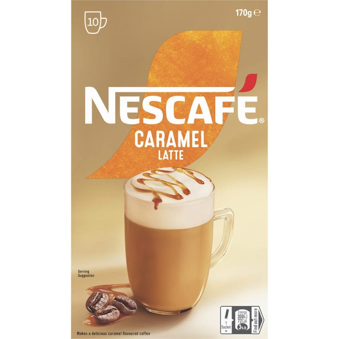 Nescafe Cafe Menu Caramel Latte sachets in a 10-pack, offering creamy coffee with smooth caramel flavor for on-the-go convenience.