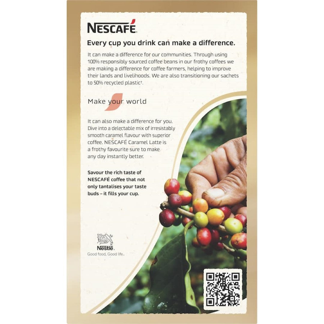 Nescafe Cafe Menu Caramel Latte sachets in a 10-pack, featuring rich coffee and smooth caramel for a creamy café-style drink.