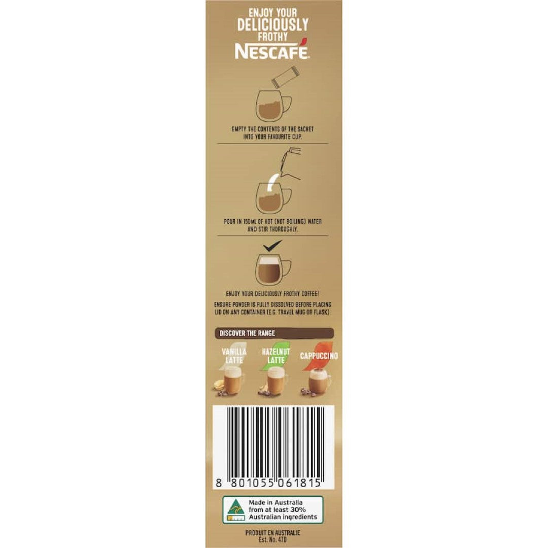Nescafe Cafe Menu Caramel Latte sachets, 10-pack, offering creamy coffee with smooth caramel flavor for convenient cafe-style drinks.