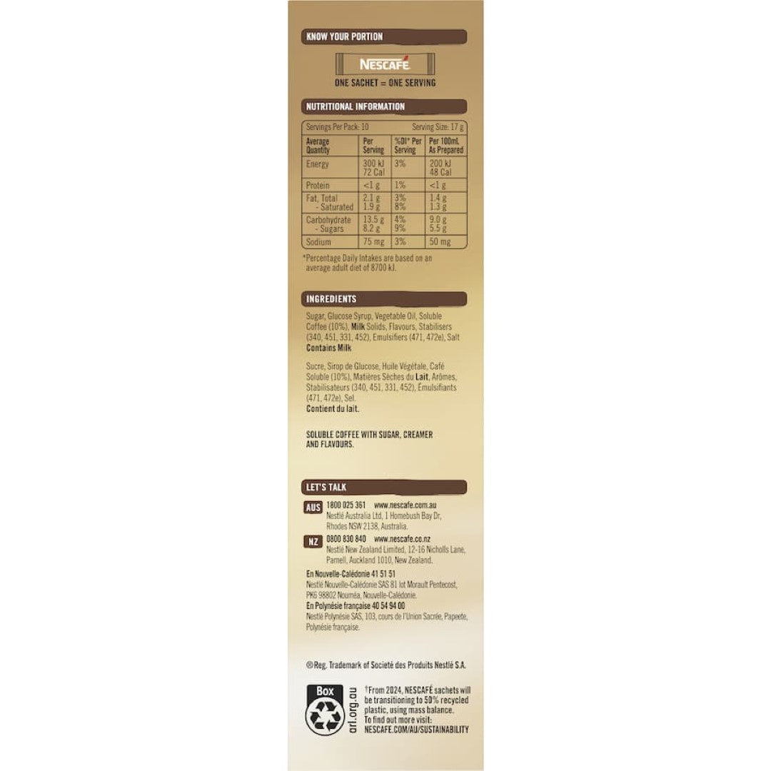 Nescafe Cafe Menu Caramel Latte sachets, 10-pack, offering creamy, smooth caramel coffee for a delightful, convenient brew.