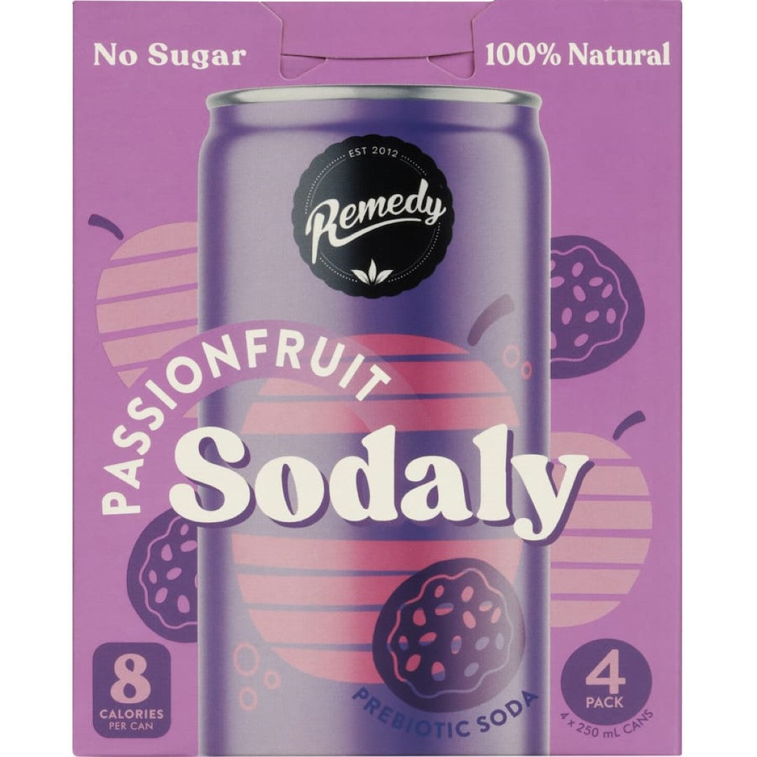 Refreshing Remedy Sodaly Passionfruit soda in a can, featuring vibrant flavor, gut health support, and no added sugar.