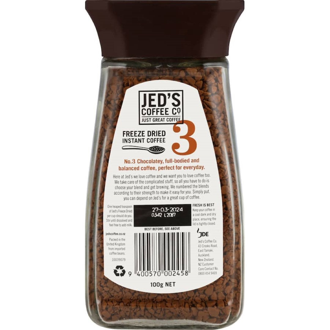 Glass jar of Jed's Instant Freeze Dried Coffee #3 Strong, featuring rich, chocolatey flavor and robust aroma from 100% coffee beans.