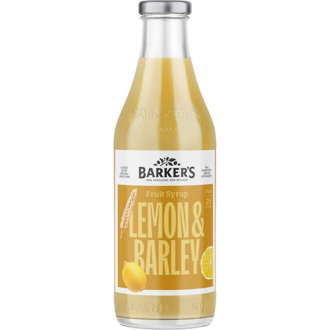 Barkers Fruit Syrup Lemon & Barley, a refreshing natural syrup with vitamin C, ideal for drinks and desserts.