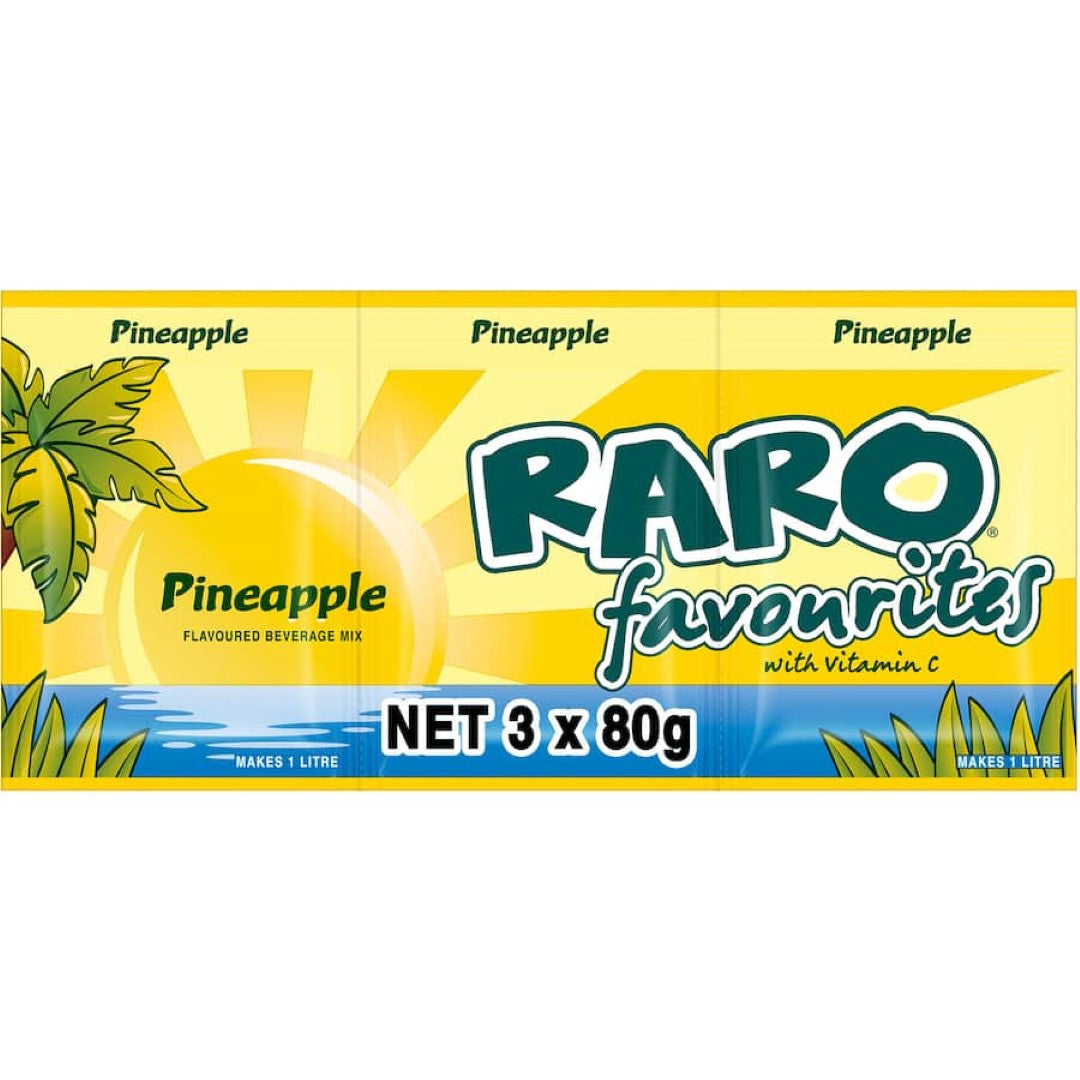 Raro Pineapple Beverage Mix three-pack, each packet makes 1L of refreshing, tropical punch with no artificial sweeteners.