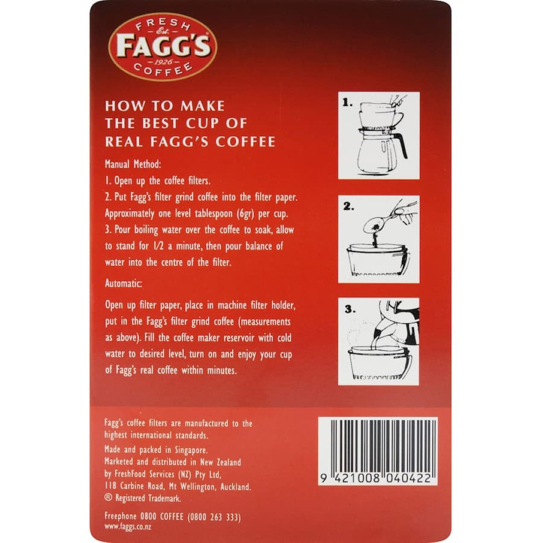 Faggs Coffee Filters 1x2 for superior extraction and rich flavor, perfect for home or professional brewing.