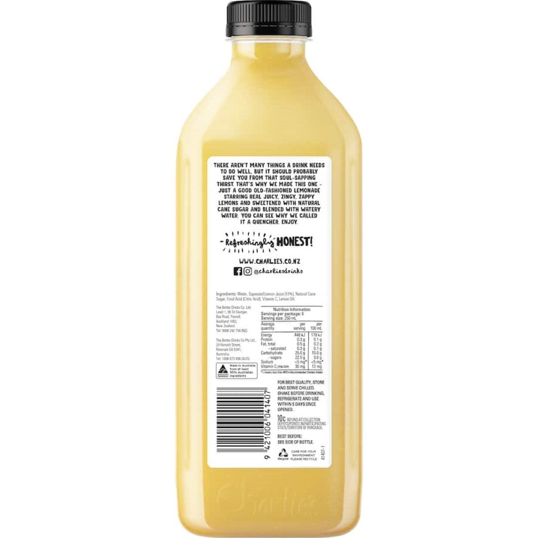 Charlie's Fruit Drink Lemonade Quencher, a refreshing blend of real lemonade flavor and handpicked fruits for ultimate thirst relief.